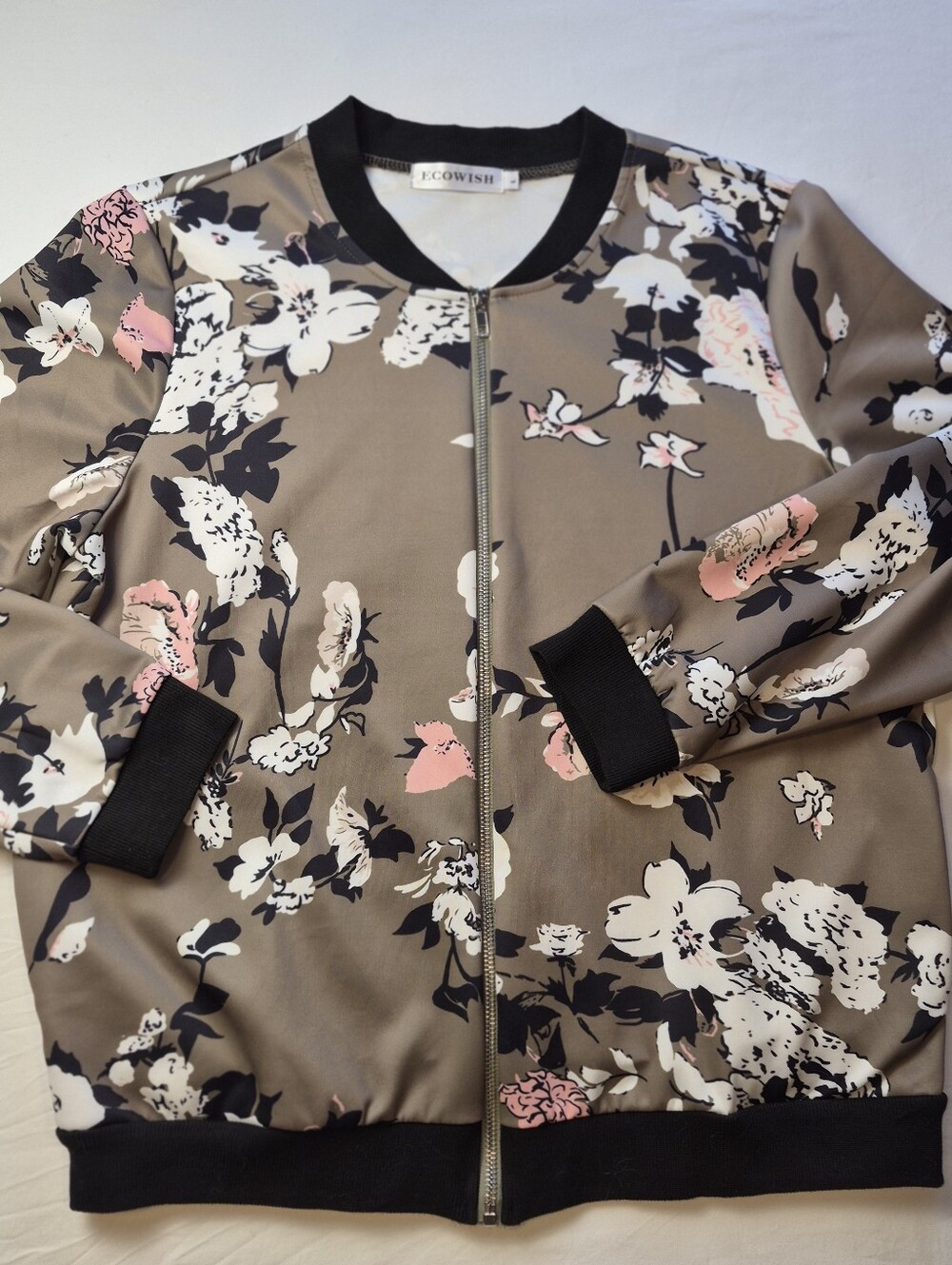 Ecowish Printed Zip-Front Jacket Taupe Floral Womens Sz L EUC